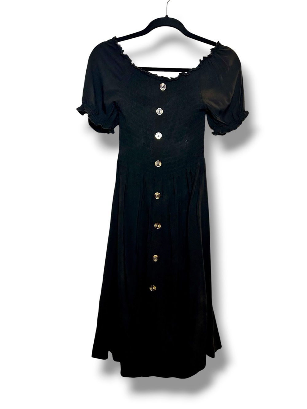 Seven Islands Black Smocked Button-Front Midi Dress Puff Sleeve Boho Feminine XL